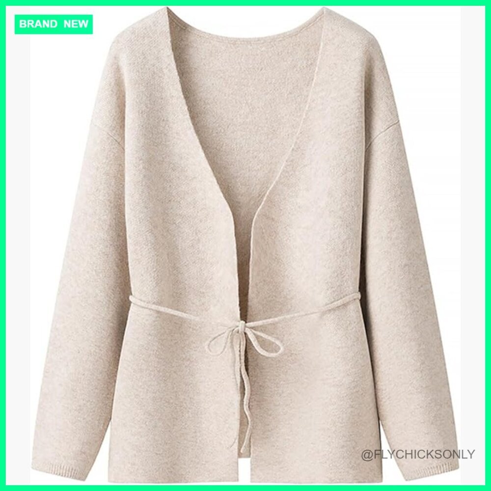 Polyester Blend Belted Wrap Cardigan Coat Oversized V-Neck Sweater Jacket